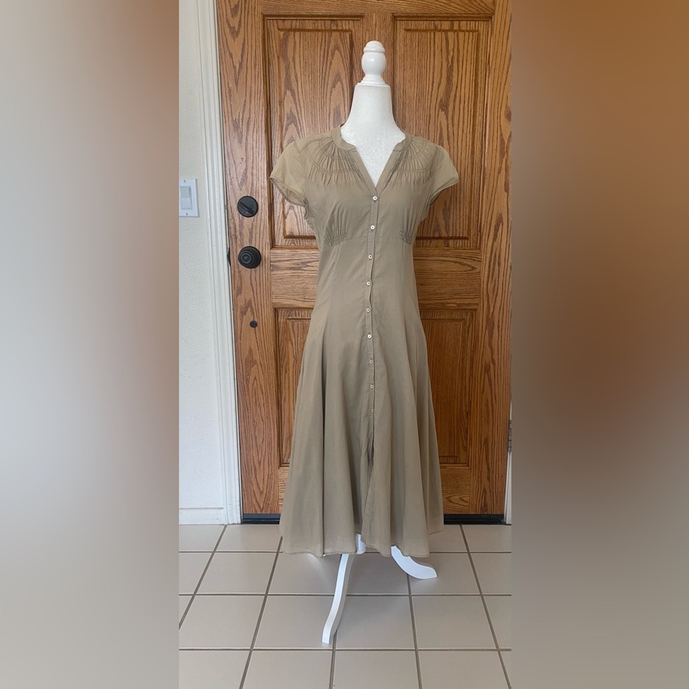 Margaret O’Leary Tan Cotton Voile Button Down 1930s Style Dress S